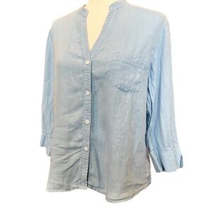 Talbots Irish Linen Blue 3/4 Sleeve V Neck Button Front Top Petite Large Classic
